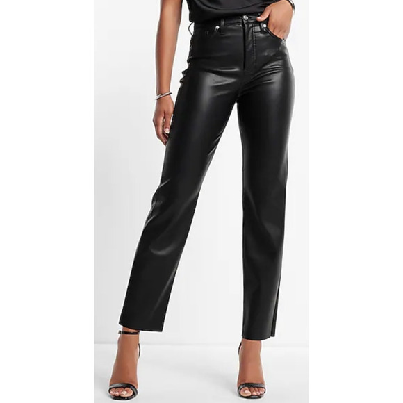 Express Women's Khaki Super High Rise Modern Straight Faux Leather Pants Sz 12L - Picture 10 of 10